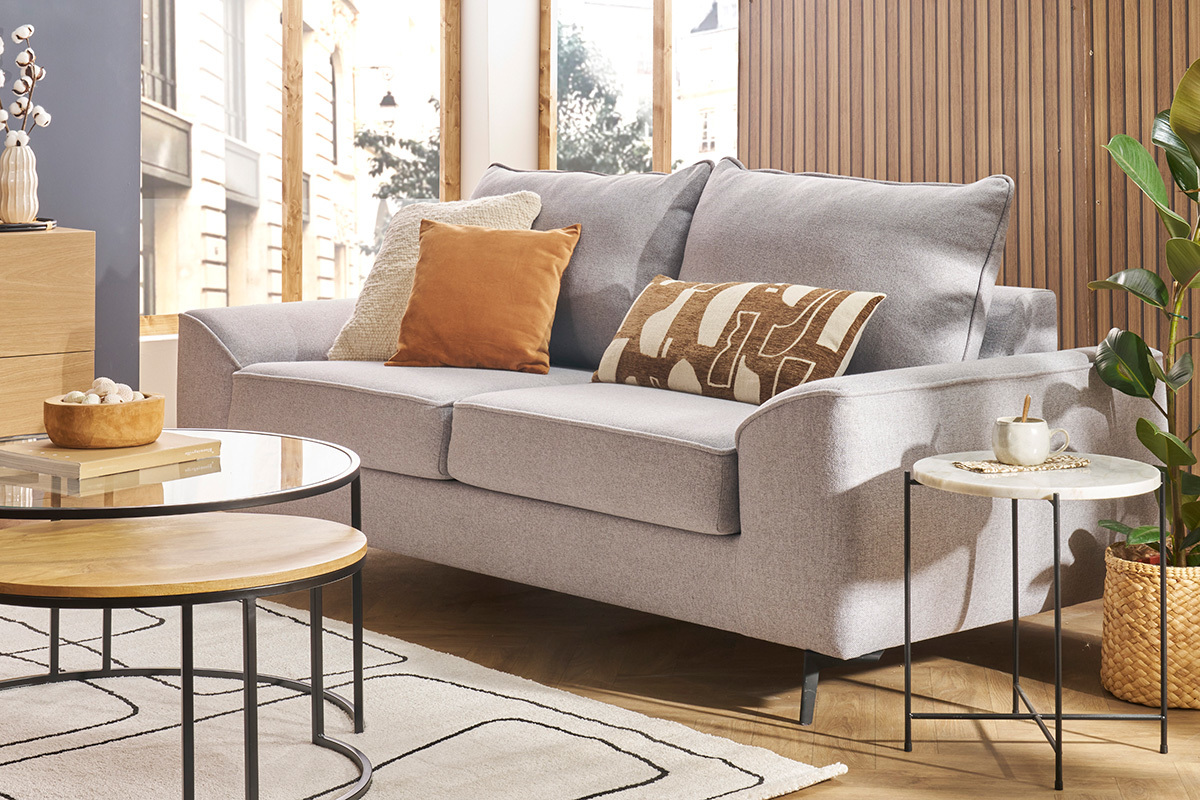 3-Sitzer Design-Schlafsofa mit grauem Stoff und schwarzem Metall GAEL