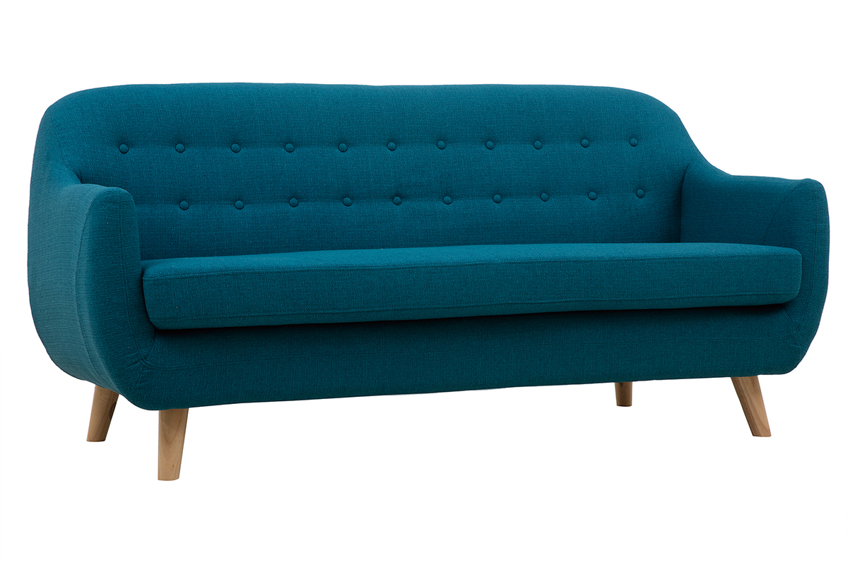 3-Sitzer skandinavisches Sofa mit abnehmbarem Bezug in entenblau und Holz YNOK