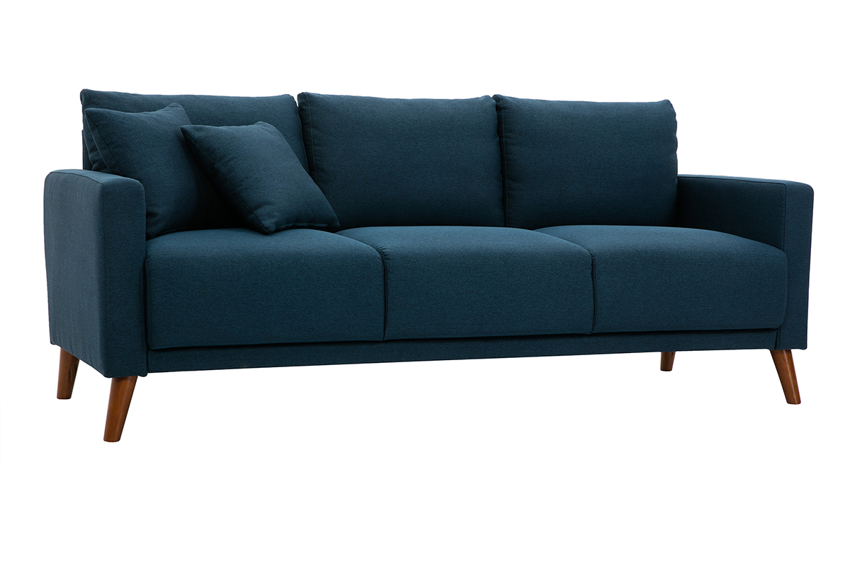 3-Sitzer-Sofa mit dunkelblauem Stoff und dunklem Holz MUNIK