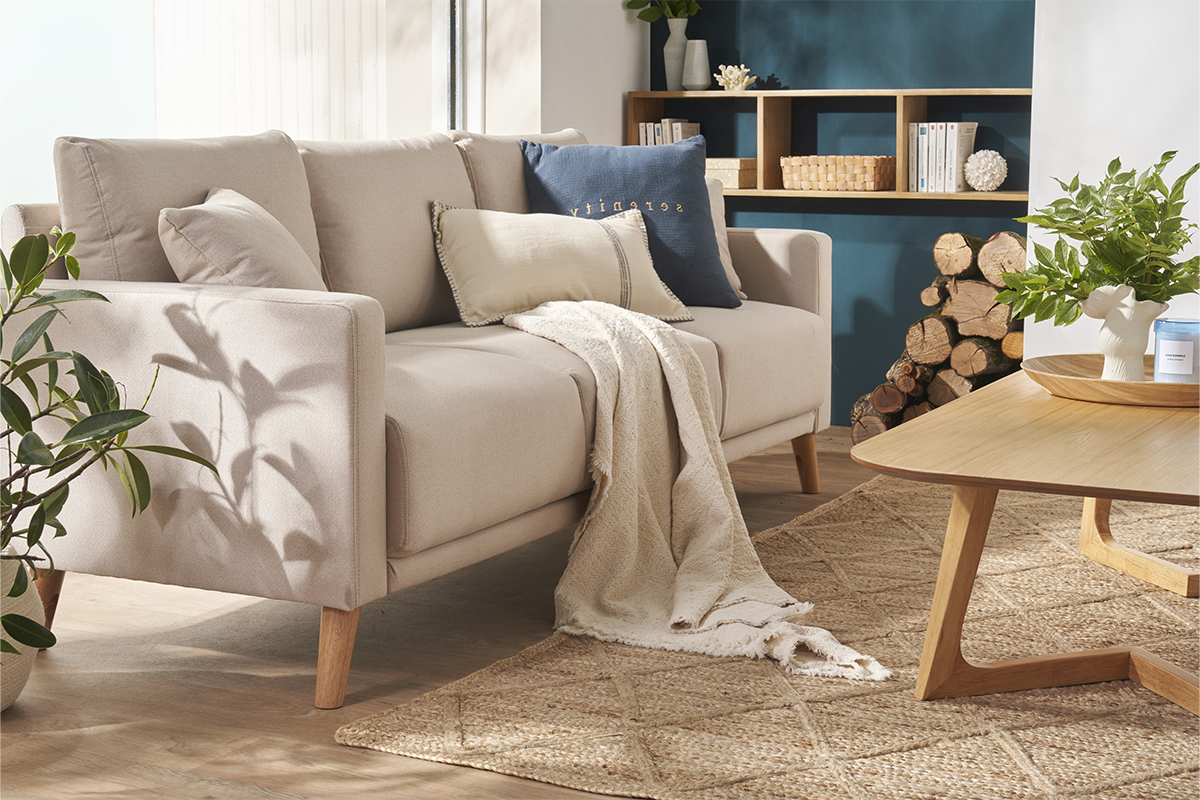 3-Sitzer-Sofa mit dunkelblauem Stoff und dunklem Holz MUNIK