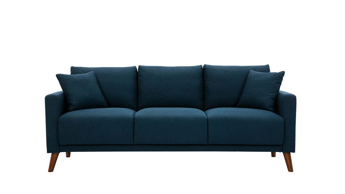 3-Sitzer-Sofa mit dunkelblauem Stoff und dunklem Holz MUNIK