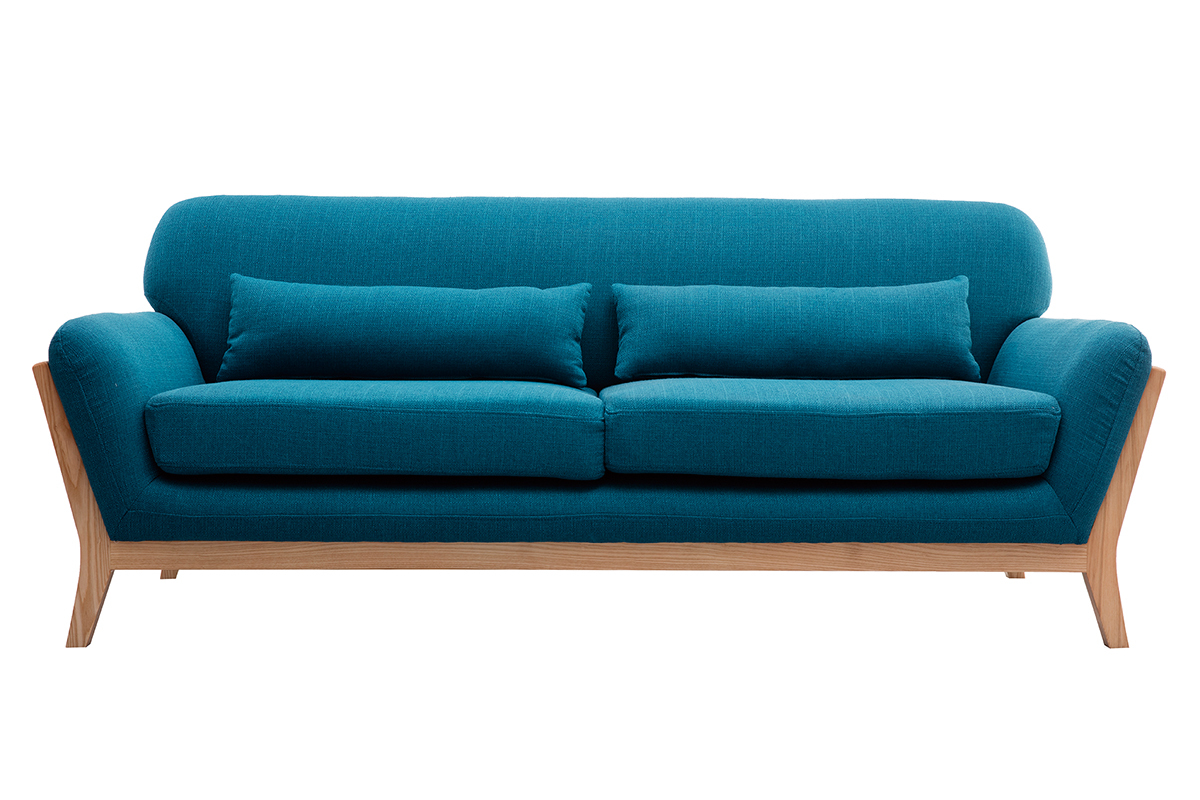 3-Sitzer Sofa mit Holzfen in Entenblau skandinavisches Design YOKO