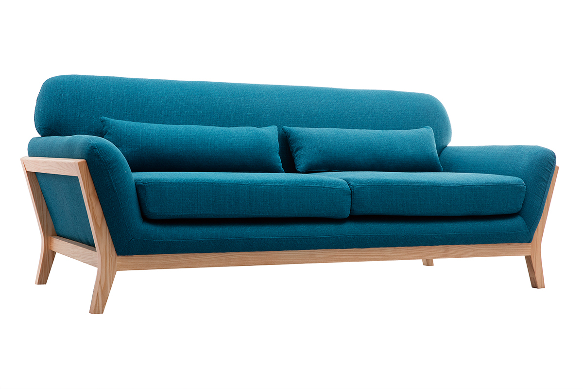 3-Sitzer Sofa mit Holzfen in Entenblau skandinavisches Design YOKO