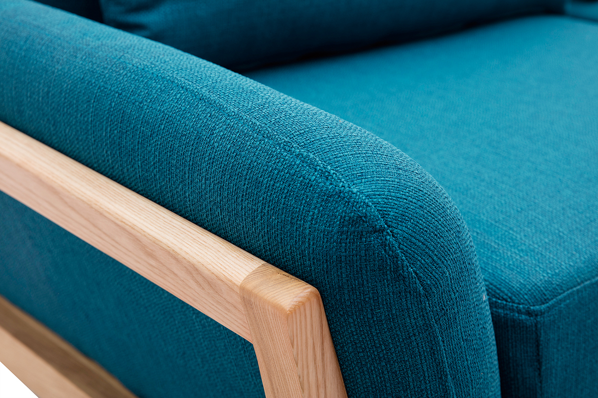 3-Sitzer Sofa mit Holzfen in Entenblau skandinavisches Design YOKO