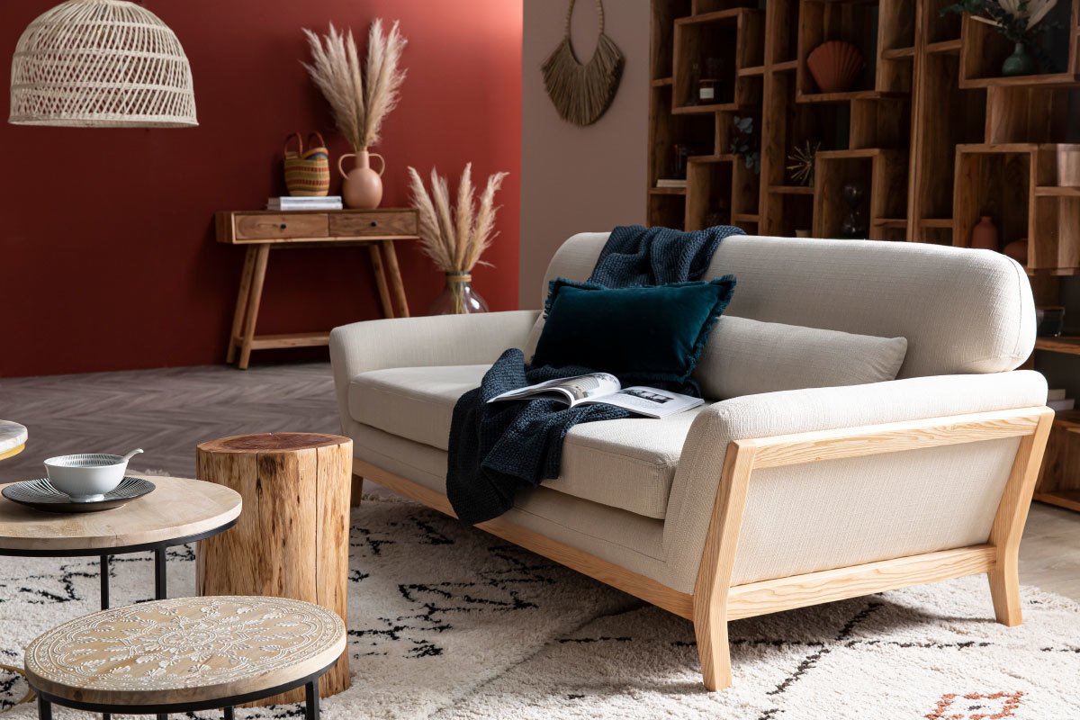 3-Sitzer Sofa mit Holzfen in Entenblau skandinavisches Design YOKO