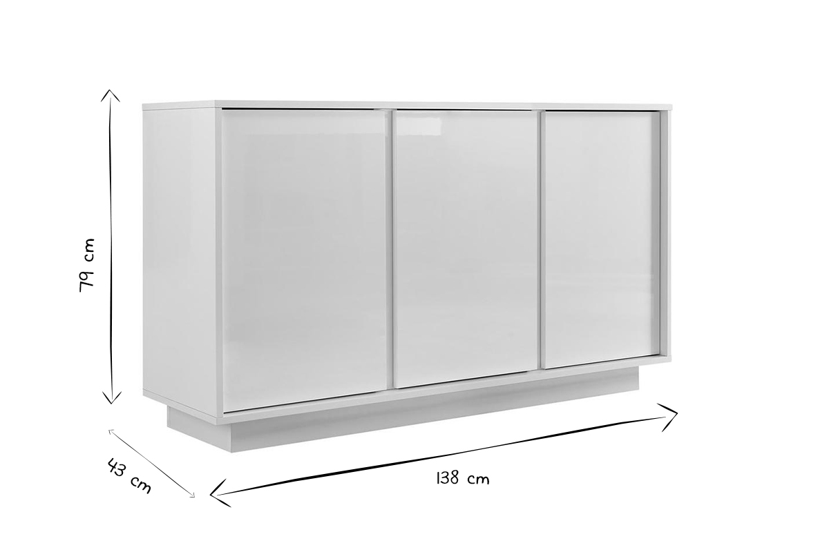 3-triges Designer-Sideboard glnzend lackiert wei L138 cm COMO