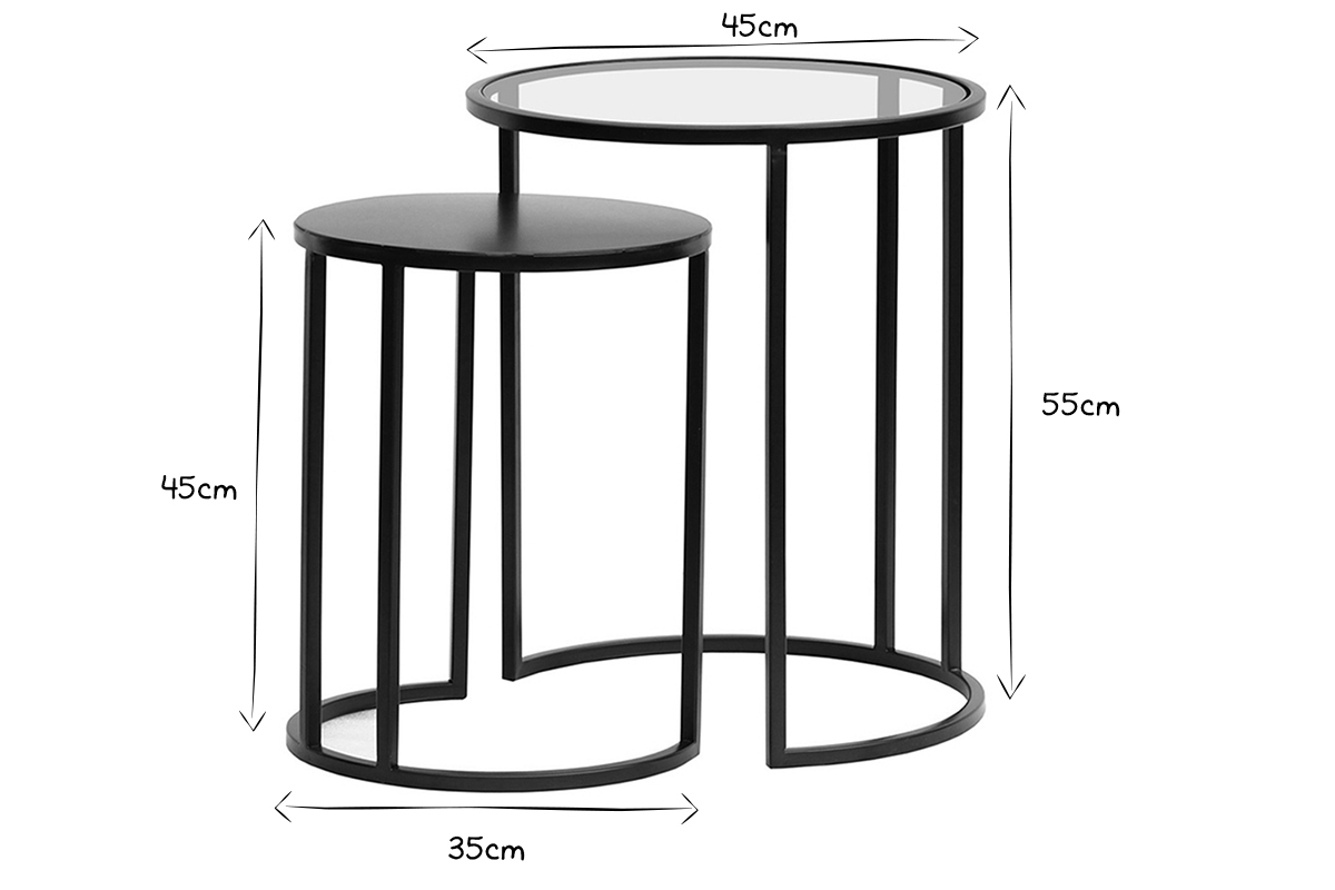 Ausziehbare Beistelltische aus gehrtetem Glas und schwarzem Metall TAHL