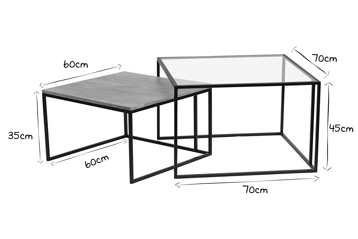 Ausziehbare Couchtische aus gehrtetem Glas und massivem Mangoholz TAHL