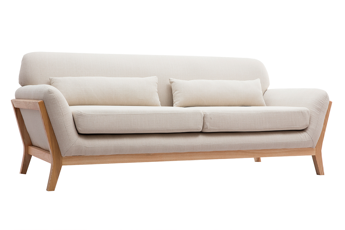 Beigefarbenes skandinavisches 3-Sitzer-Sofa mit Holzbeinen YOKO