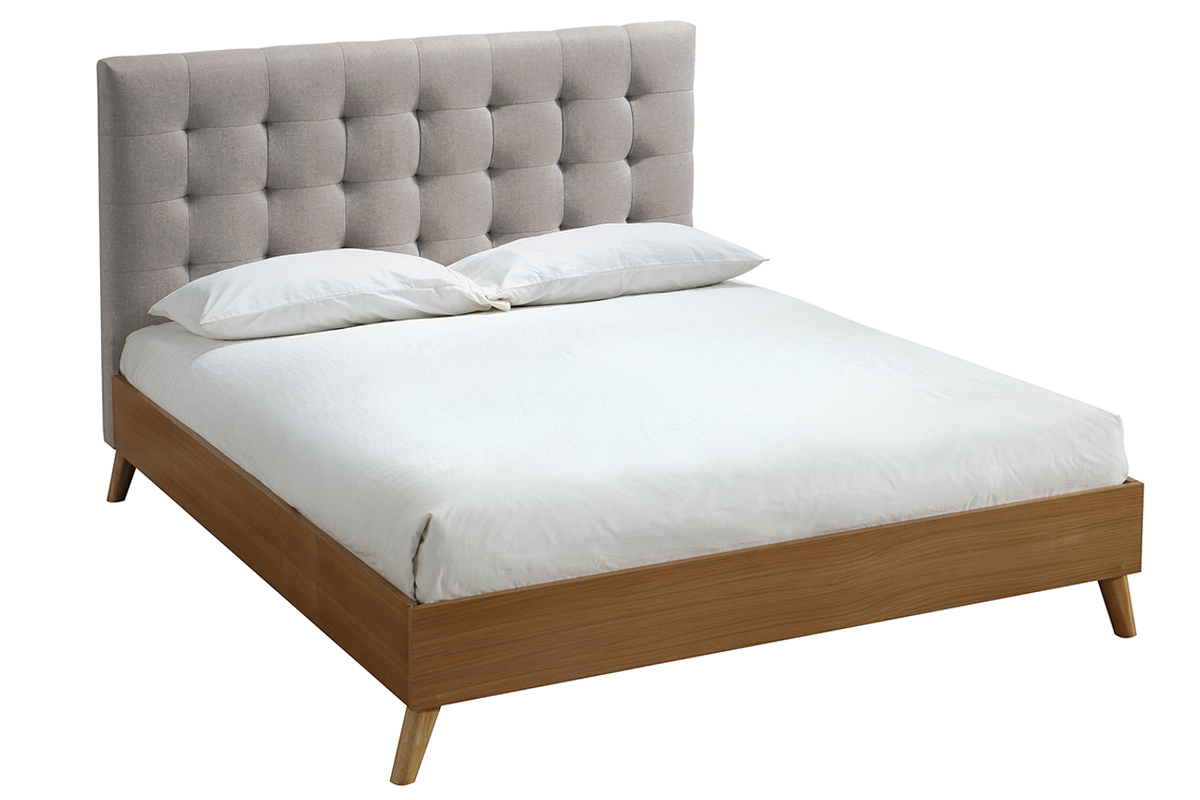 Bett fr Erwachsene Skandinavisch Holz und Stoff Beige 140 x 200 cm LYNN