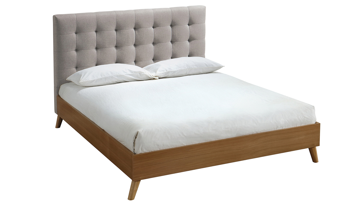 Bett fr Erwachsene Skandinavisch Holz und Stoff Beige 140 x 200 cm LYNN