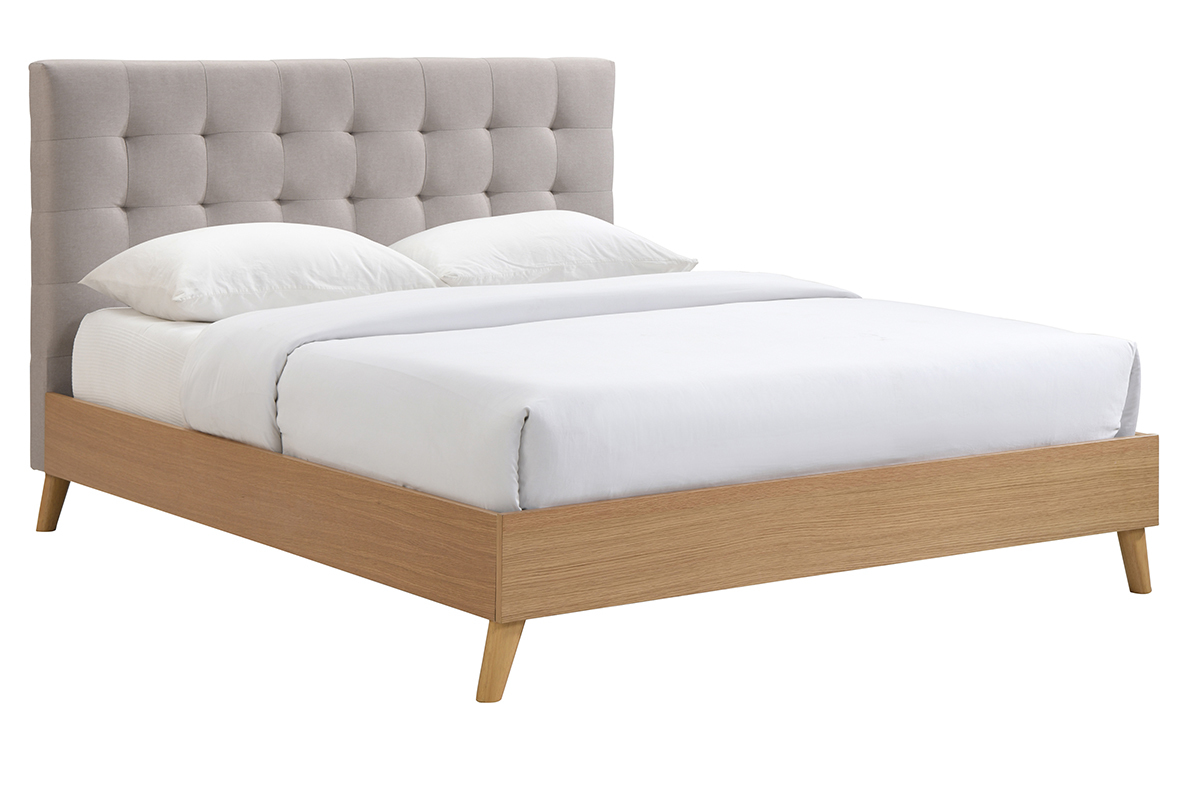 Bett fr Erwachsene Skandinavisch Holz und Stoff Beige 160 x 200 cm LYNN