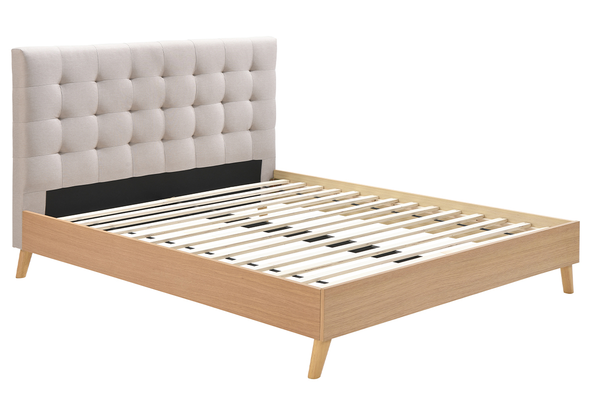 Bett fr Erwachsene Skandinavisch Holz und Stoff Beige 160 x 200 cm LYNN