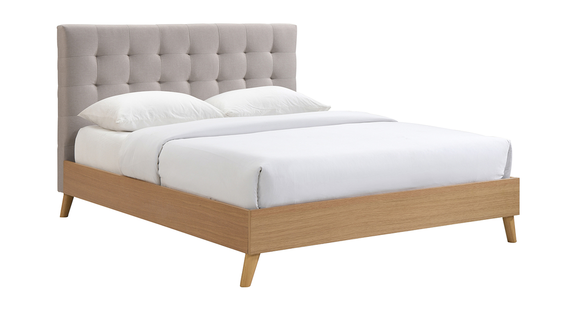 Bett fr Erwachsene Skandinavisch Holz und Stoff Beige 160 x 200 cm LYNN