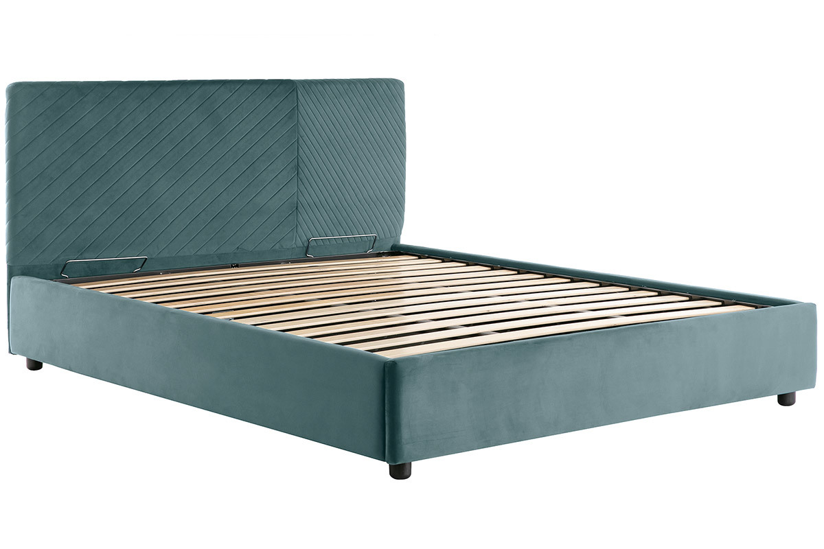 Boxspringbett mit Lattenrost und Kopfteil aus pfauenblauem Samt 160 x 200 cm RIGA