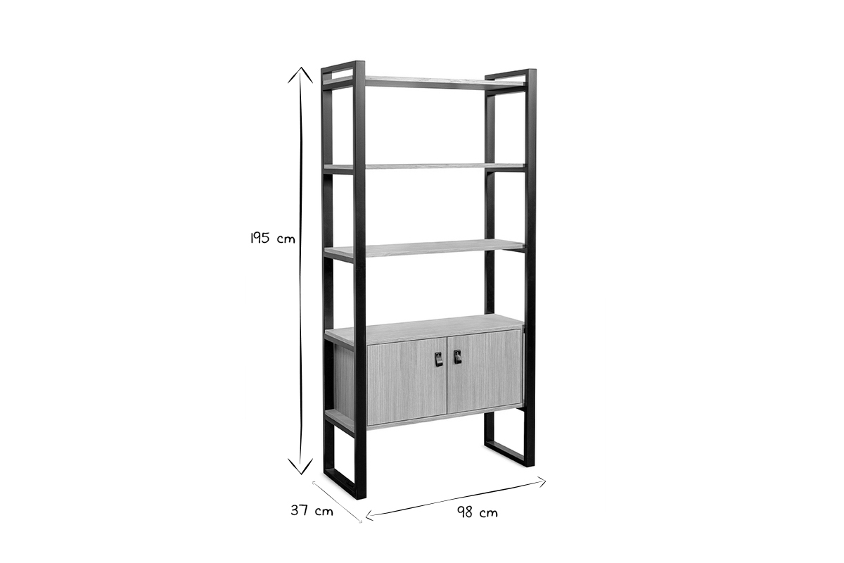 Bcherregal aus hellem Holz, Eiche und schwarzem Metall H195 cm OPAL