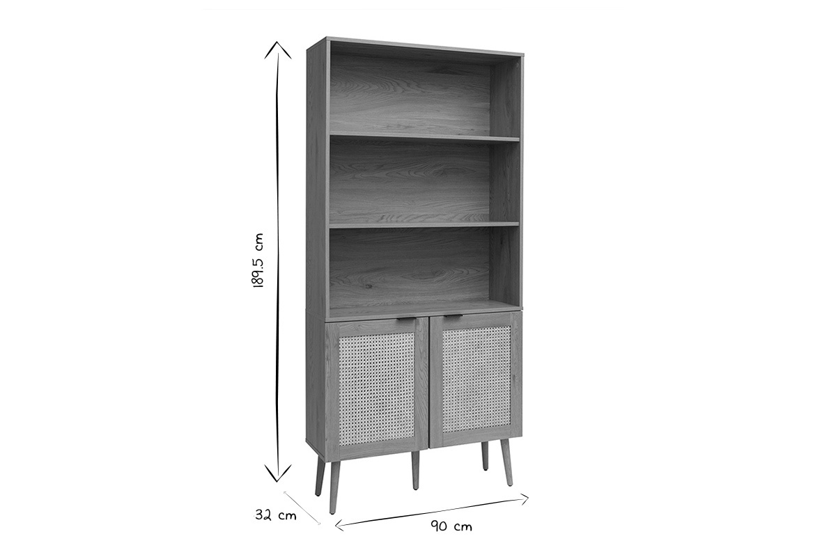 Bcherregal mit heller Holzoberflche, Rattan und schwarzem Metall-Finish L90 MANILLE