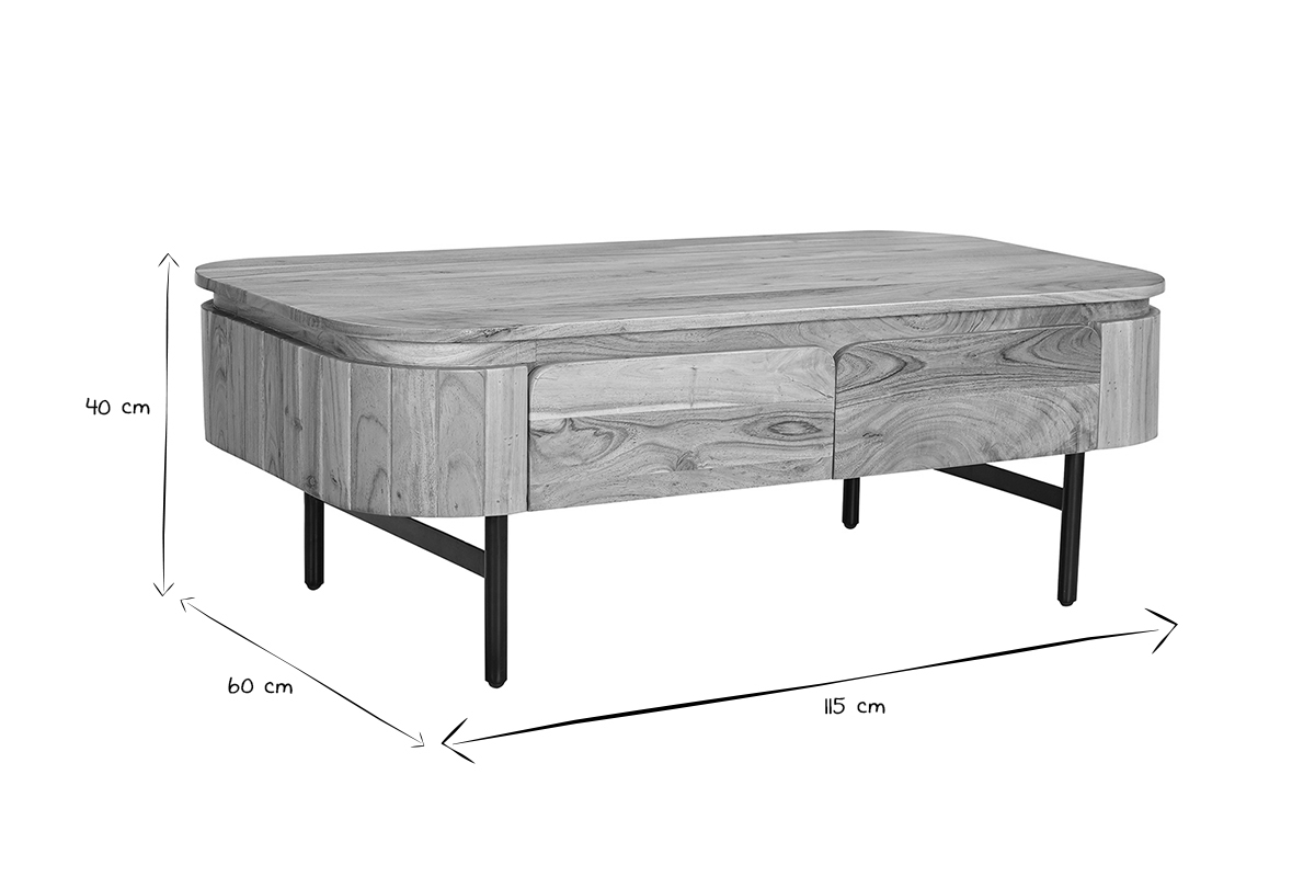 Couchtisch mit Ablagefchern aus Massivholz und schwarzem Metall 4 Schubladen B115 cm NAPOLI