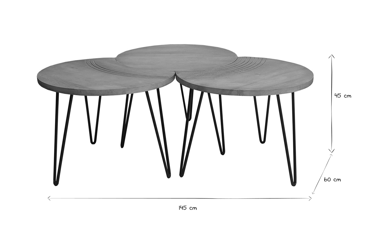 Couchtische strukturiert aus Mangoholz und schwarzes Metall (3er-Set) VIBES