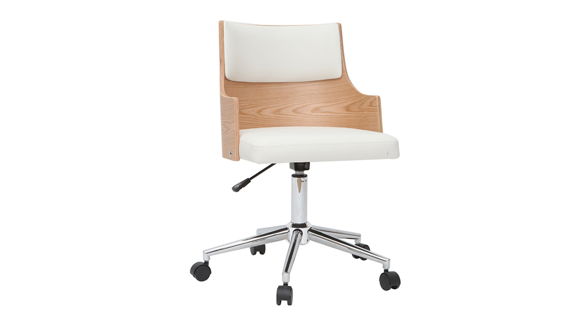Design-Bürostuhl weiß und helles Holz mit integriertem Kissen - Miliboo