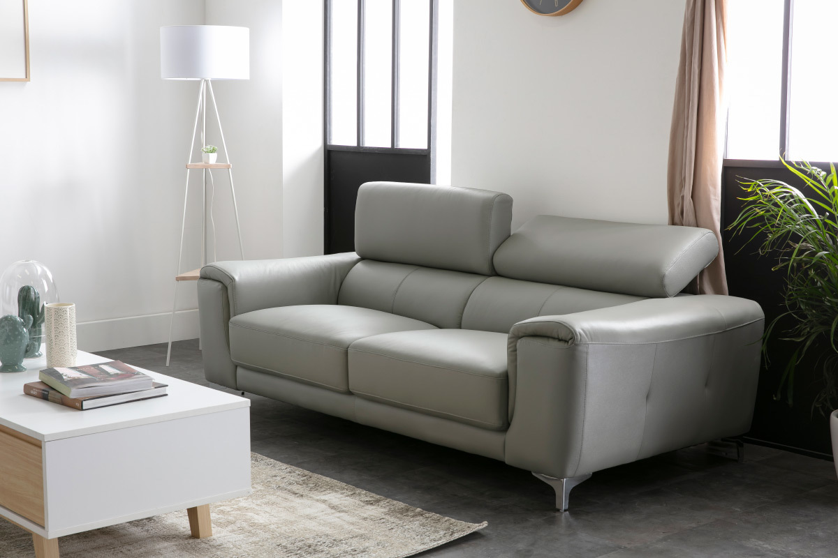 Design-Ledersofa 3 Pltze mit Kopfstck zur Entspannung Grau NEVADA - Bffelleder