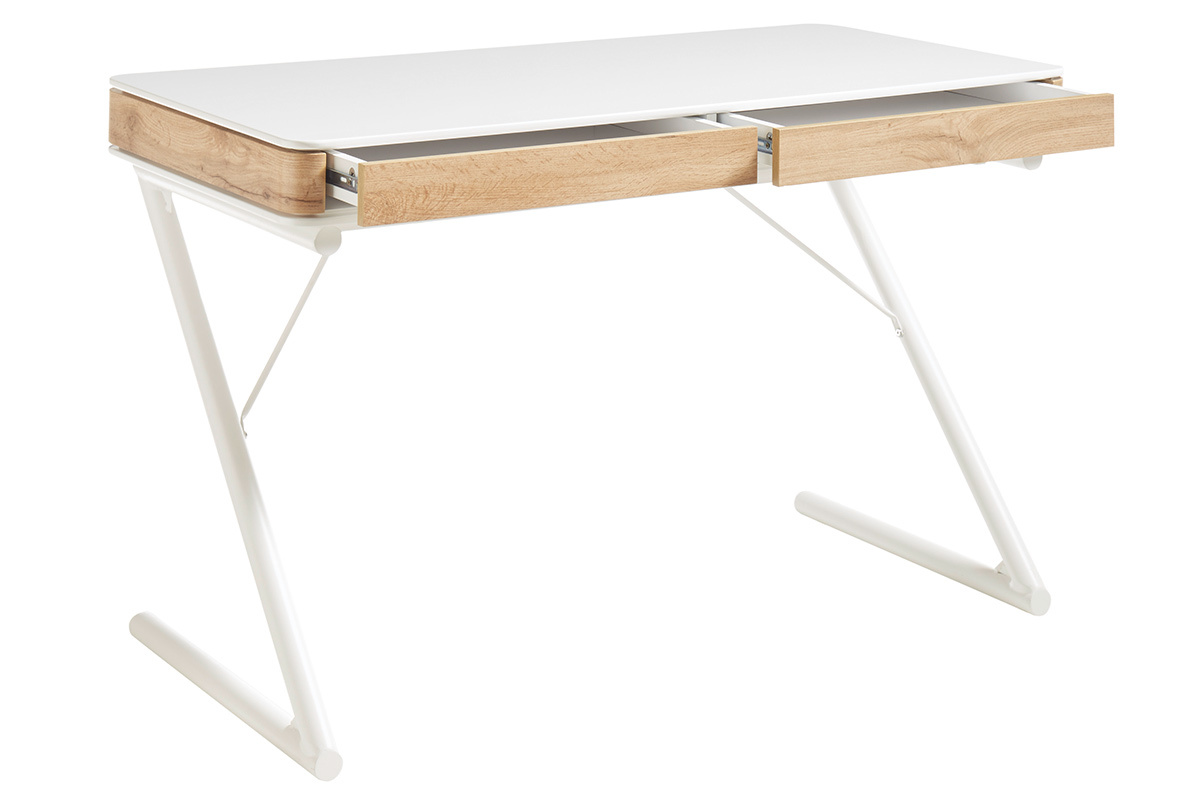 Design-Schreibtisch mit Schubladen mattwei und Holz L120cm POES