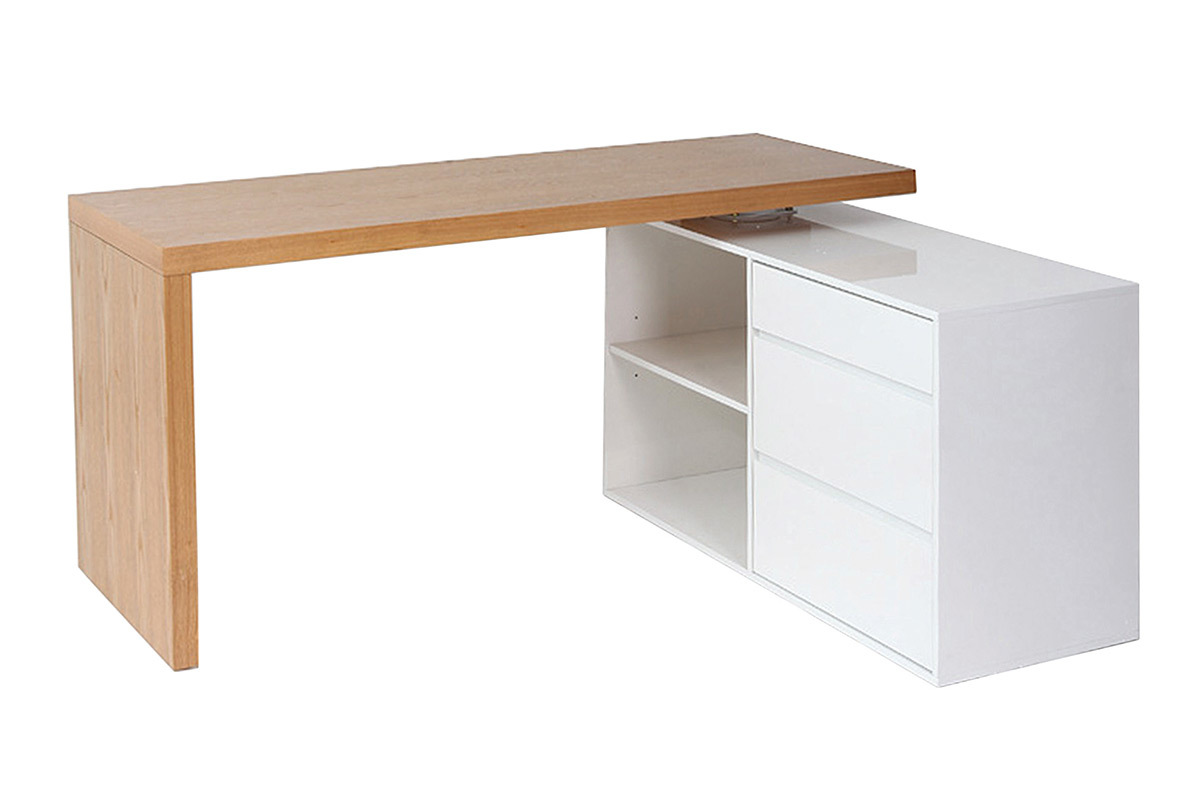 Design-Schreibtisch modulierbar Wei glnzend und Eschenholz NEW MAX