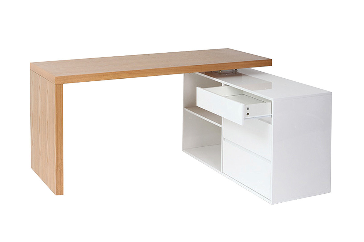 Design-Schreibtisch modulierbar Wei glnzend und Eschenholz NEW MAX