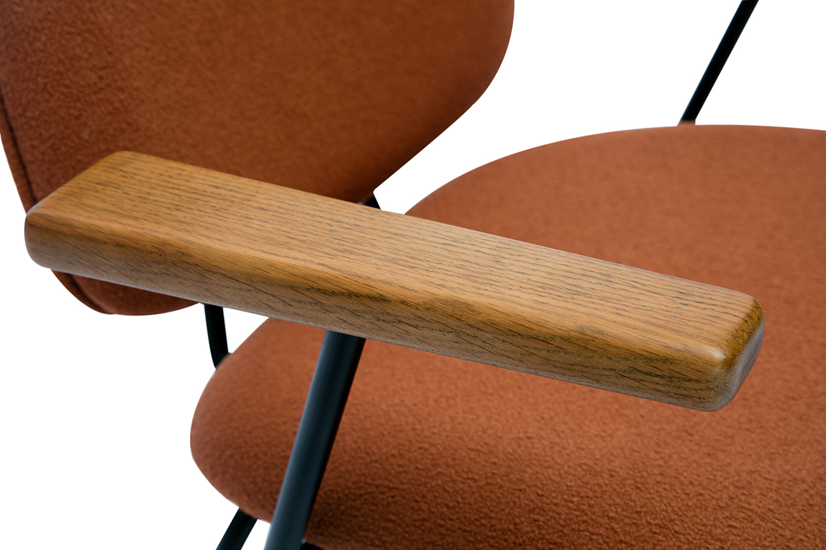 Design-Sessel aus Stoff mit Boucl-Wolleffekt in Terracotta, schwarzem Metall und dunklem Holz BARNET