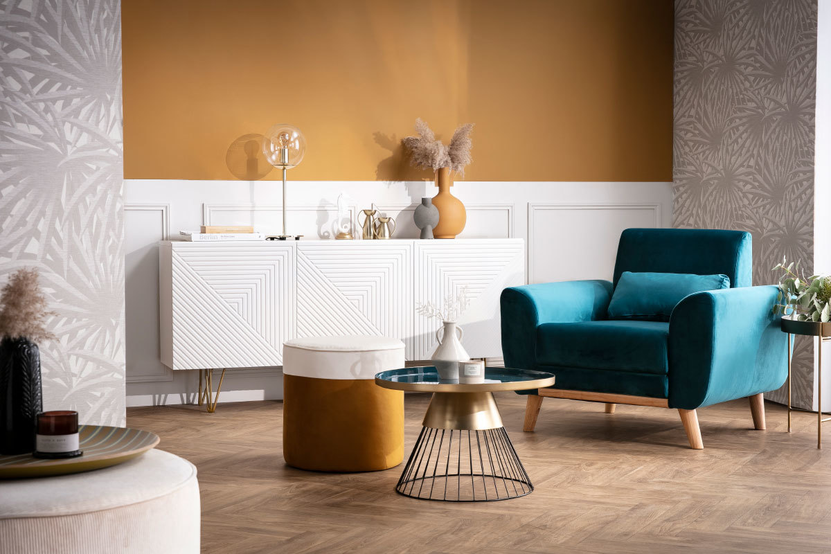 Design-Sessel Stoff Blau und Fe Nussbaum EKTOR