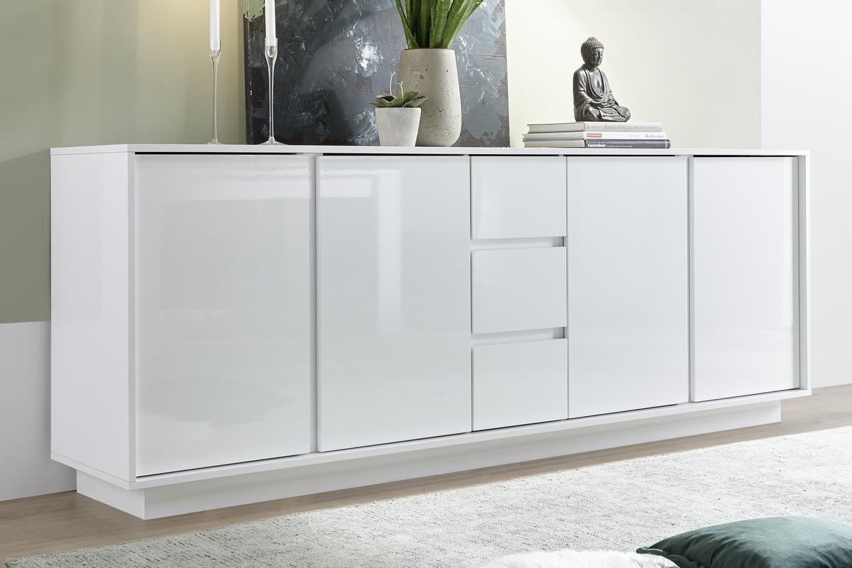 Design-Sideboard 4-trig mit 3 Schubladen weie Hochglanz-Lackierung B 210 cm COMO