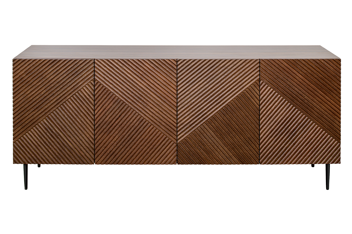 Design-Sideboard aus dunkler, massiver Eiche mit Gravur und schwarzem Metall, 4 Tren, B180 cm ARCHIPEL