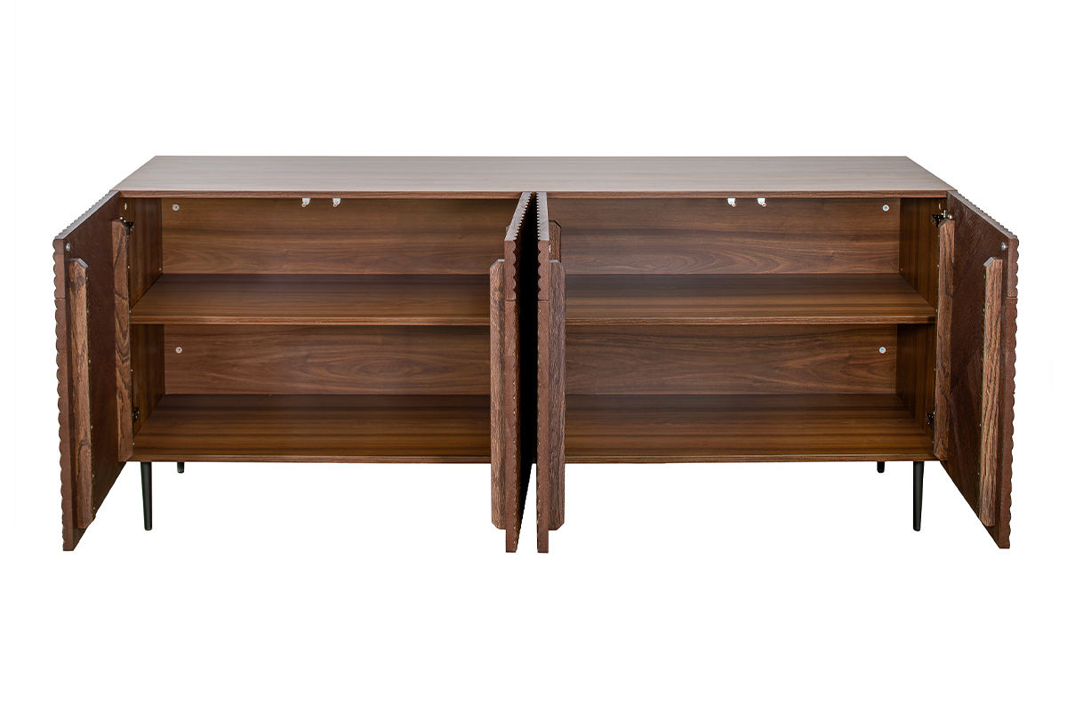 Design-Sideboard aus dunkler, massiver Eiche mit Gravur und schwarzem Metall, 4 Tren, B180 cm ARCHIPEL