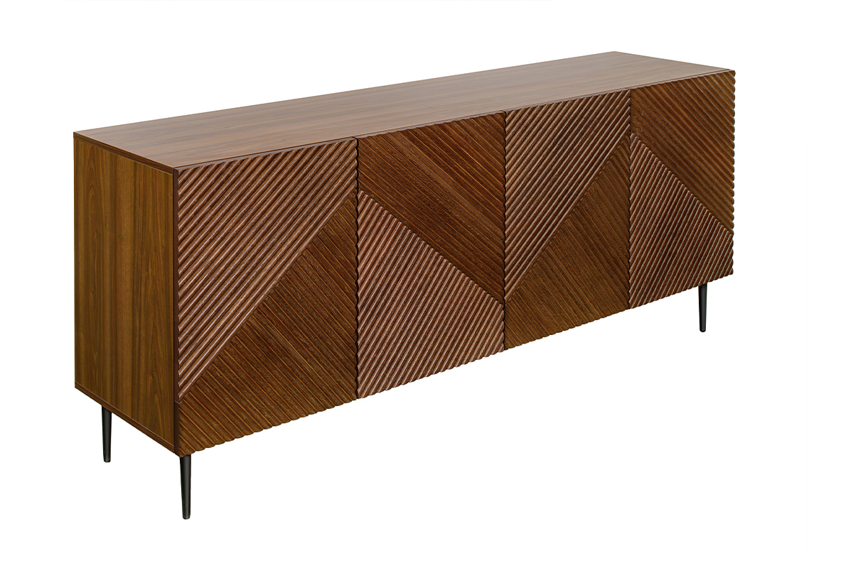 Design-Sideboard aus dunkler, massiver Eiche mit Gravur und schwarzem Metall, 4 Tren, B180 cm ARCHIPEL