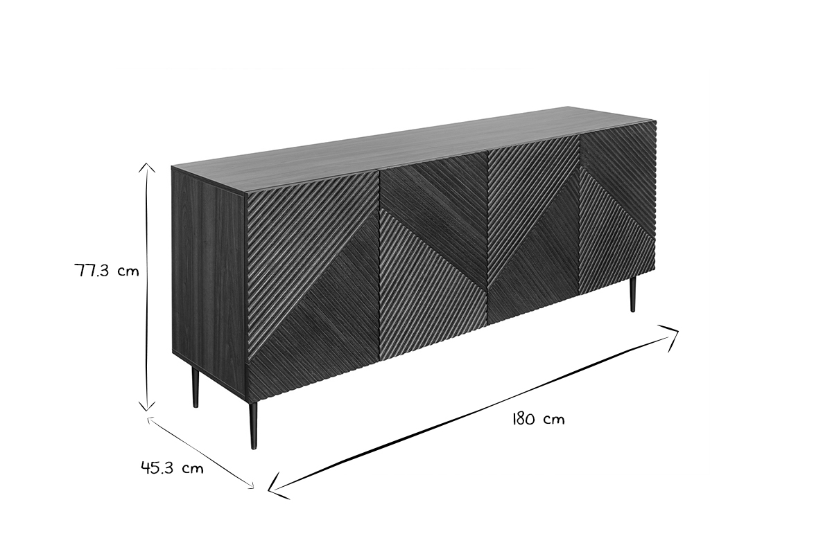 Design-Sideboard aus dunkler, massiver Eiche mit Gravur und schwarzem Metall, 4 Tren, B180 cm ARCHIPEL