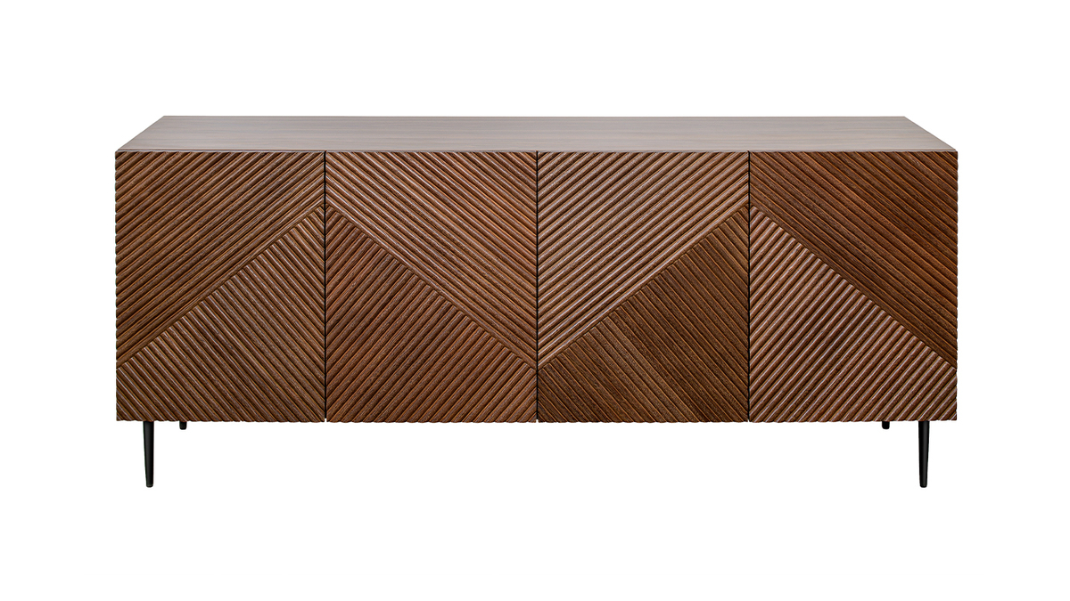 Design-Sideboard aus dunkler, massiver Eiche mit Gravur und schwarzem Metall, 4 Tren, B180 cm ARCHIPEL