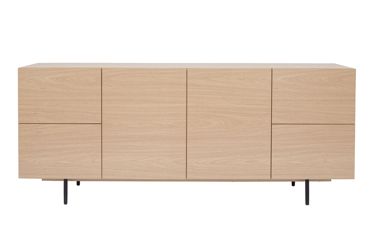 Design-Sideboard aus hellem Eichenfurnier und schwarzem Metall, 2 Tren, 4 Schubladen B180 cm ALASKA