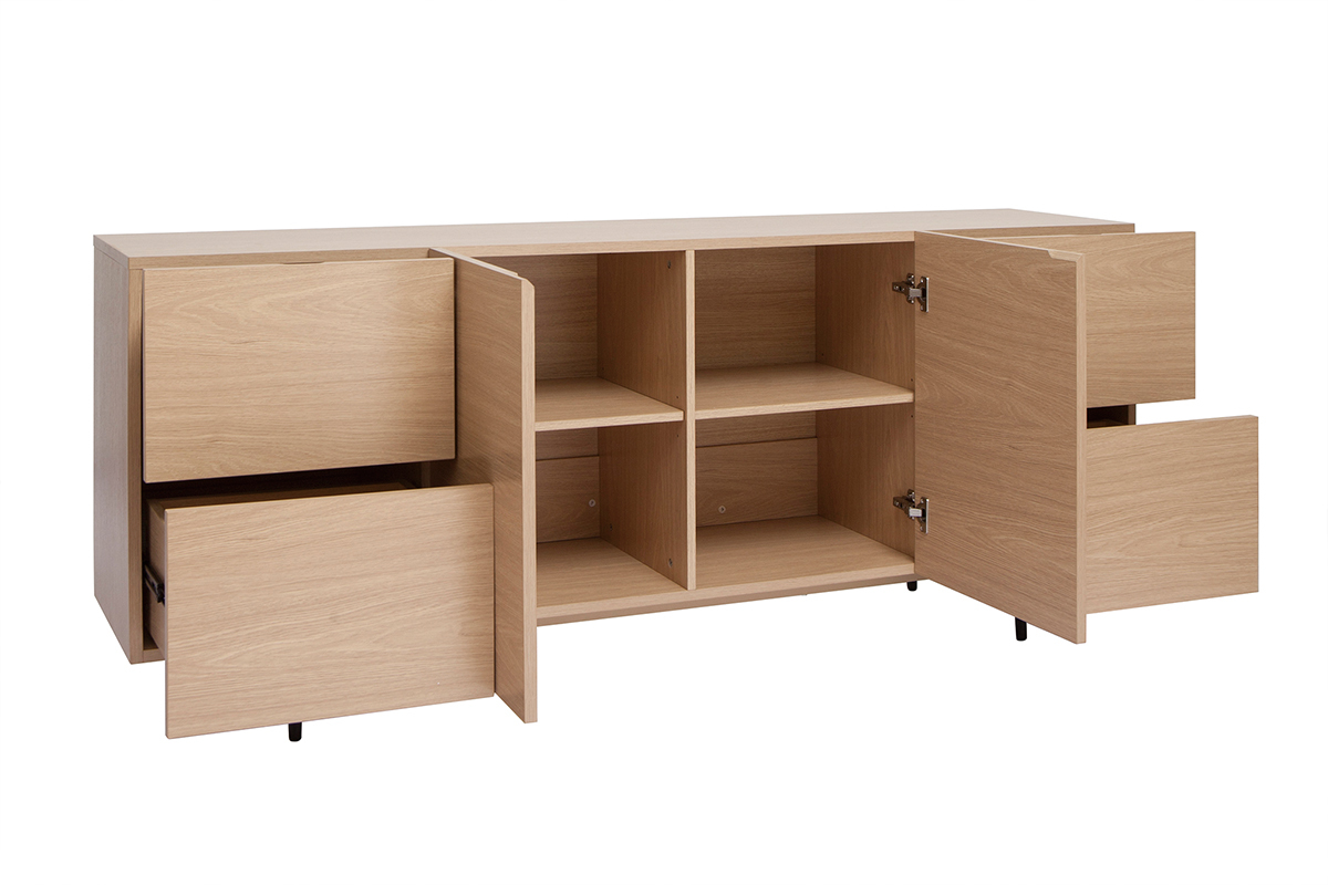 Design-Sideboard aus hellem Eichenfurnier und schwarzem Metall, 2 Tren, 4 Schubladen B180 cm ALASKA