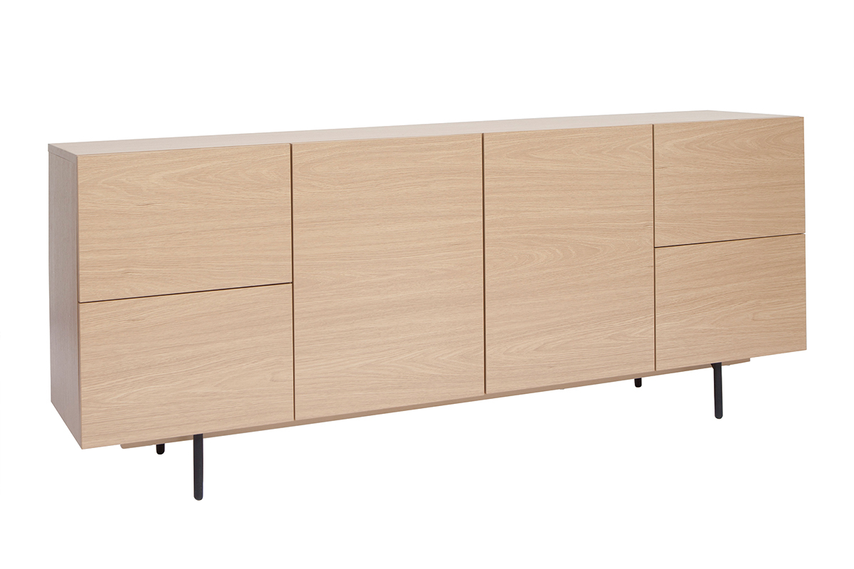 Design-Sideboard aus hellem Eichenfurnier und schwarzem Metall, 2 Tren, 4 Schubladen B180 cm ALASKA