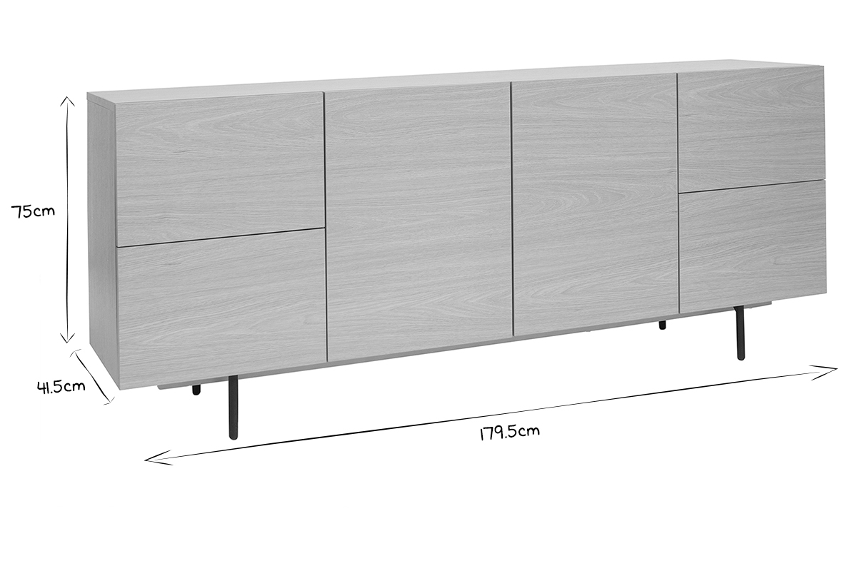 Design-Sideboard aus hellem Eichenfurnier und schwarzem Metall, 2 Tren, 4 Schubladen B180 cm ALASKA