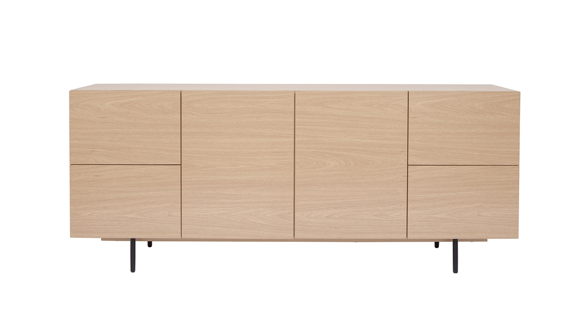 Design-Sideboard aus hellem Eichenfurnier und schwarzem Metall, 2 Tren, 4 Schubladen B180 cm ALASKA