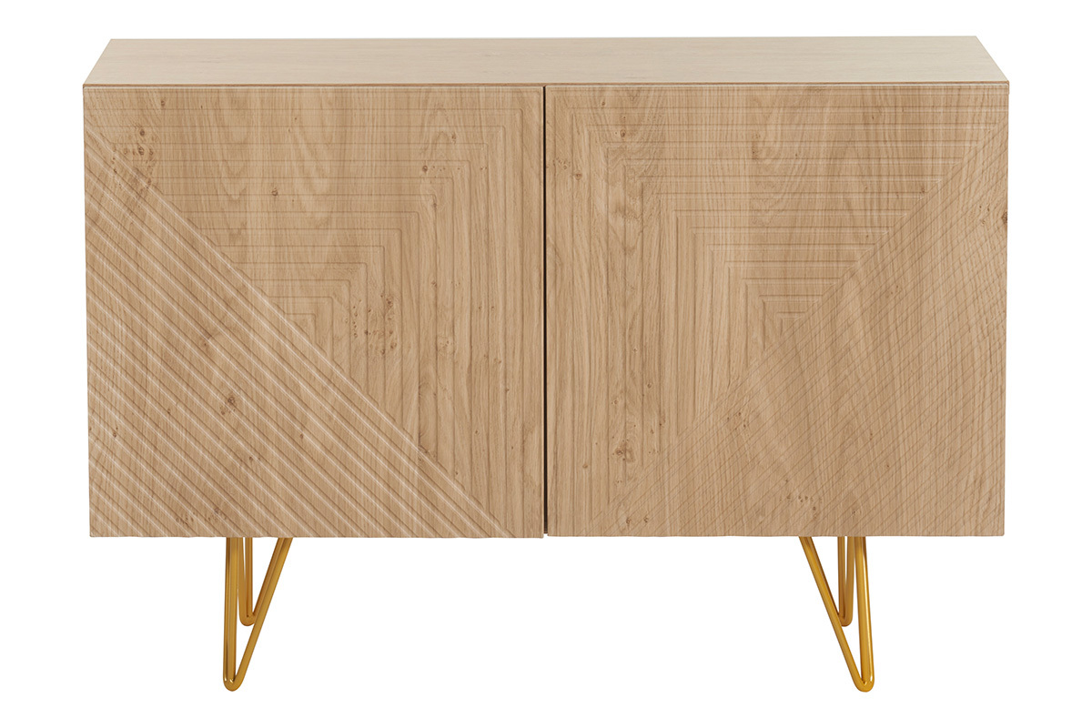 Design-Sideboard aus hellem Eichenholz-Finish und goldfarbenem Metall mit 2 Tren B107 cm OZEN