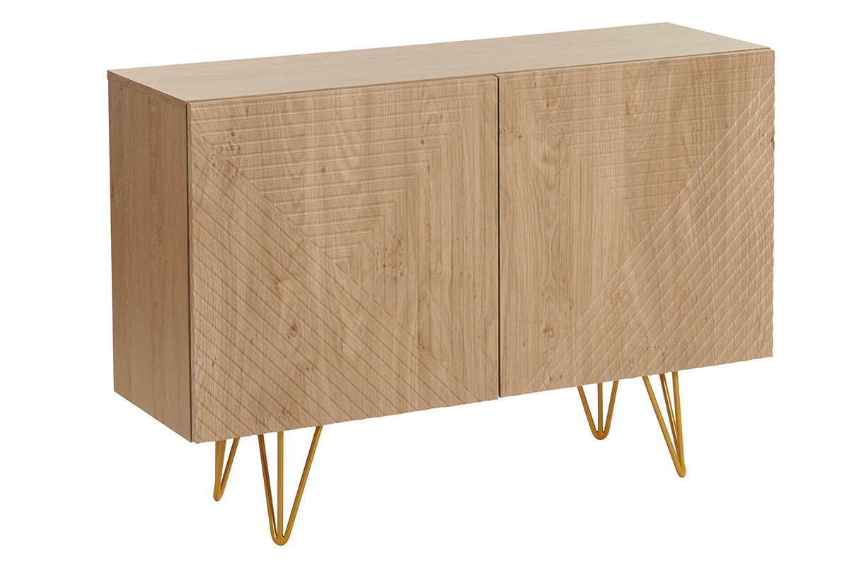 Design-Sideboard aus hellem Eichenholz-Finish und goldfarbenem Metall mit 2 Tren B107 cm OZEN