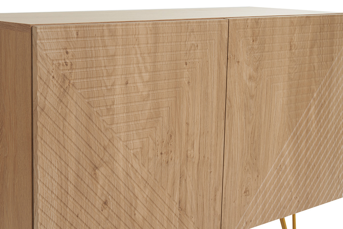 Design-Sideboard aus hellem Eichenholz-Finish und goldfarbenem Metall mit 2 Tren B107 cm OZEN