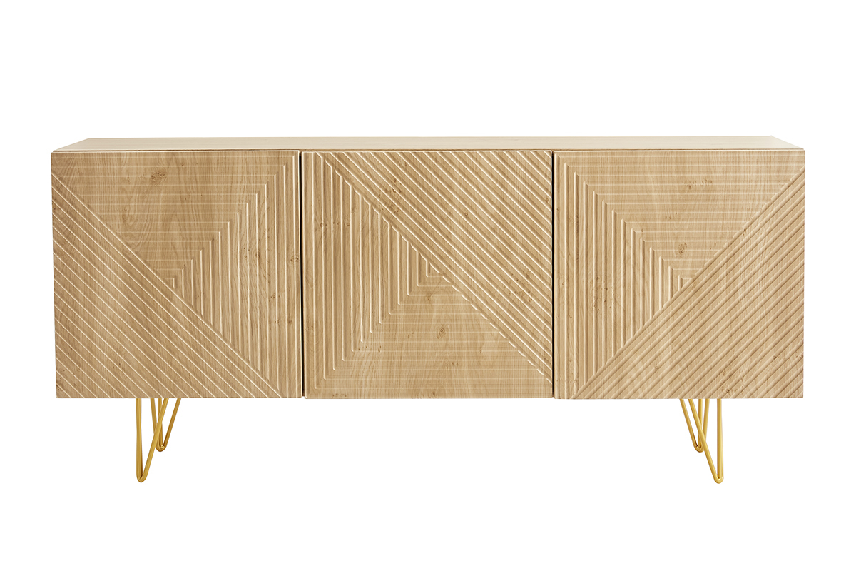 Design-Sideboard aus hellem Eichenholz-Finish und goldfarbenem Metall mit 3 Tren B160 cm OZEN