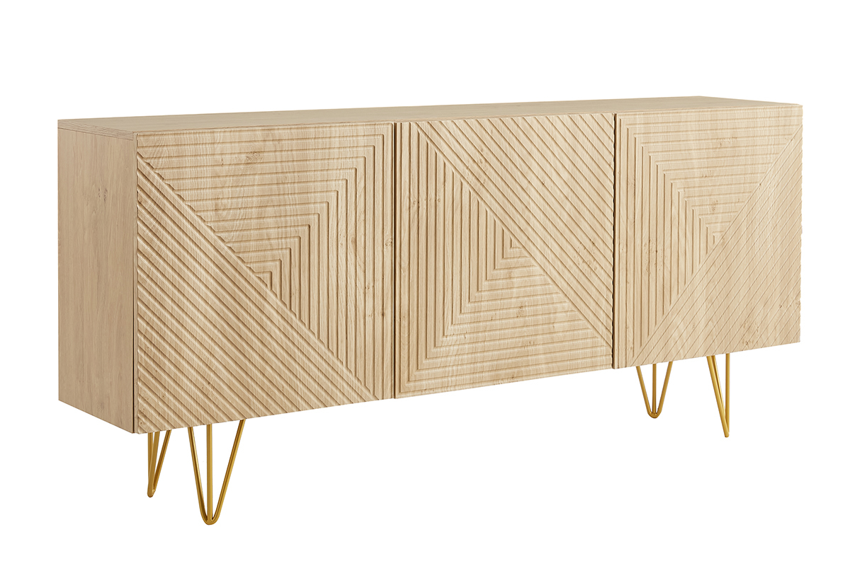 Design-Sideboard aus hellem Eichenholz-Finish und goldfarbenem Metall mit 3 Tren B160 cm OZEN