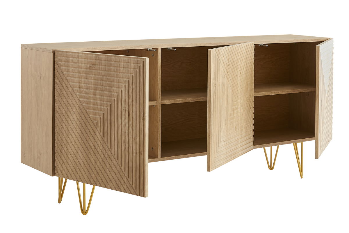 Design-Sideboard aus hellem Eichenholz-Finish und goldfarbenem Metall mit 3 Tren B160 cm OZEN