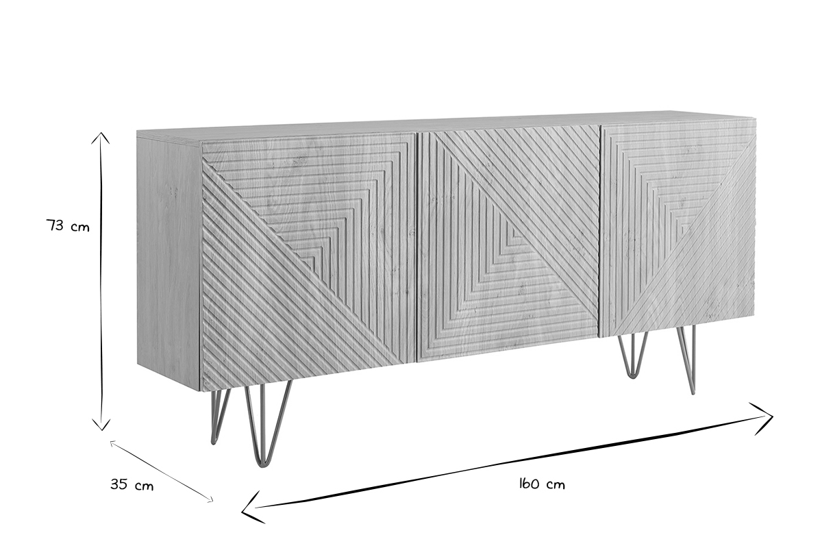 Design-Sideboard aus hellem Eichenholz-Finish und goldfarbenem Metall mit 3 Tren B160 cm OZEN