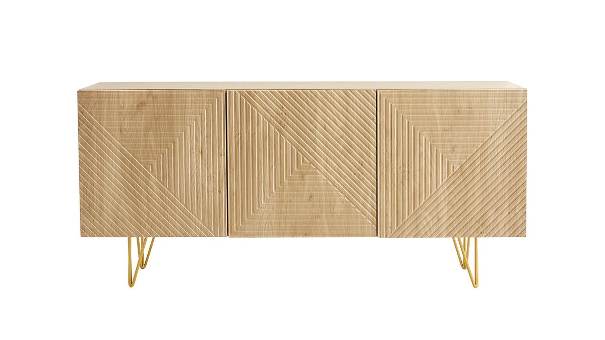 Design-Sideboard aus hellem Eichenholz-Finish und goldfarbenem Metall mit 3 Tren B160 cm OZEN