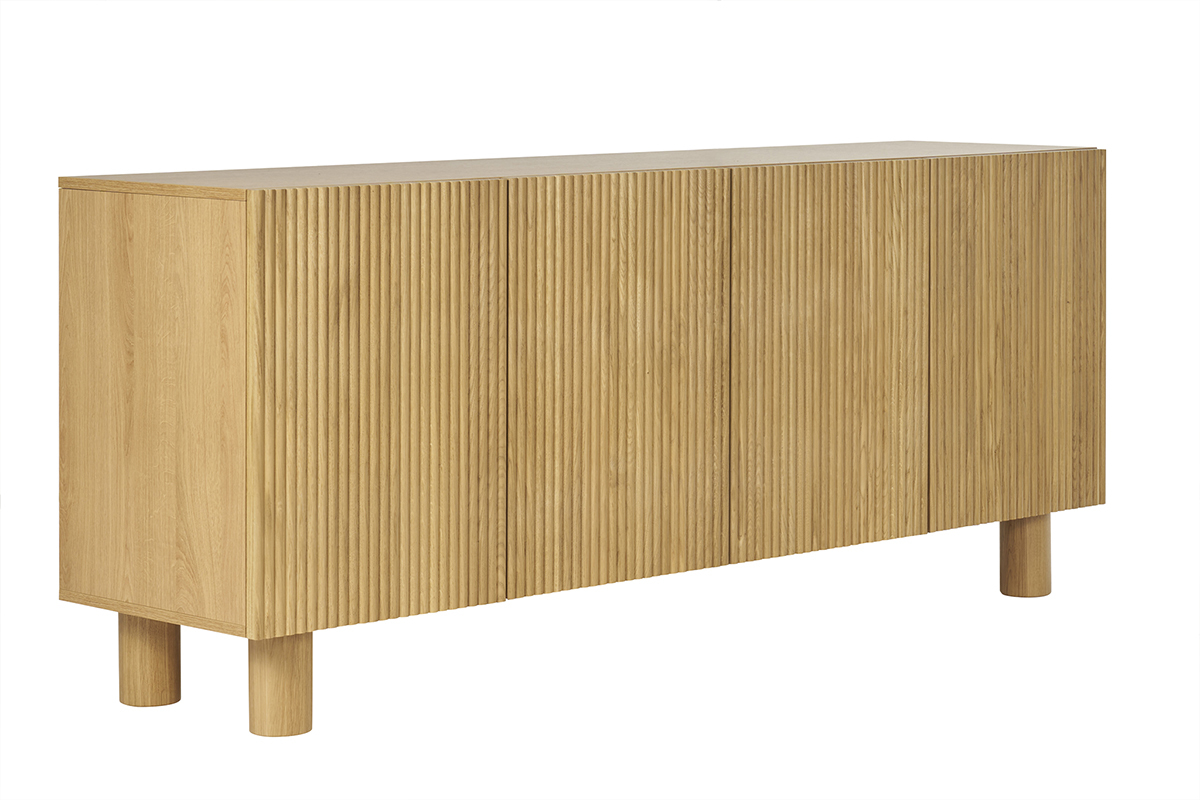 Design-Sideboard aus hellem, massiver Eiche mit Gravur 4-trig B180 cm GOSHI